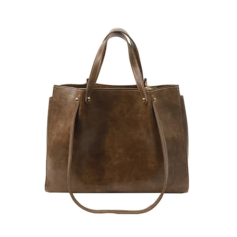 Women's White Leather Retro Tote Bag 2024 Winter