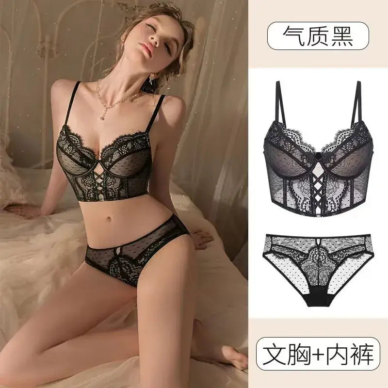 French Style Lace Cup Bra Set Black