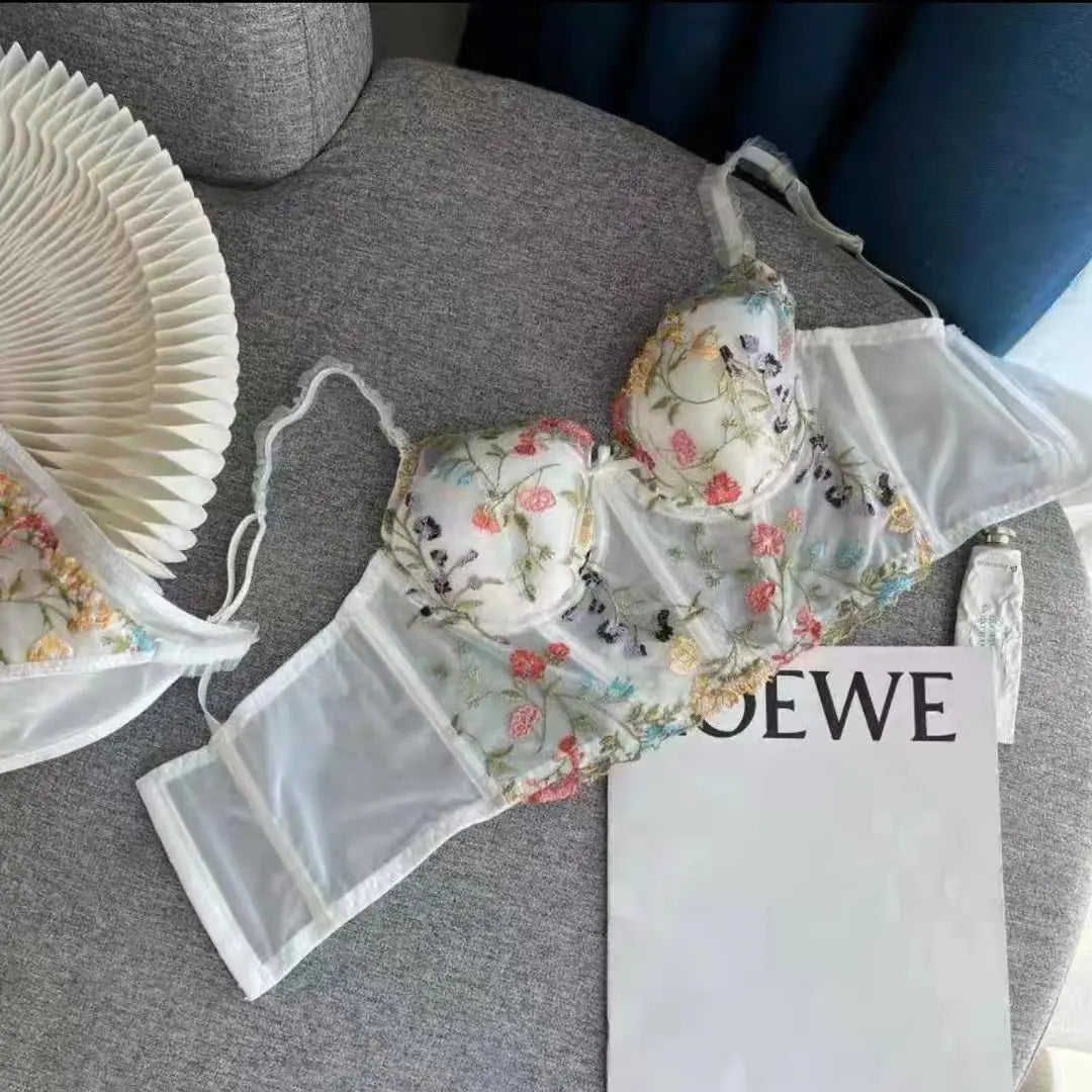 Transparent Embroidered Floral Sling Bra Non-Rimmed Small