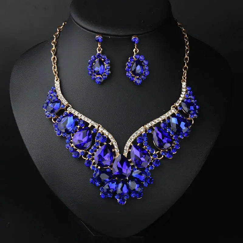 European & American Flash Crystal Gem Necklace Earrings Set