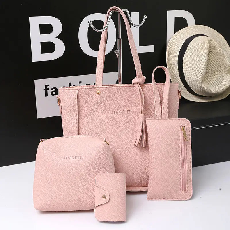 Women's 4-Piece Pink Leather Handbag Set