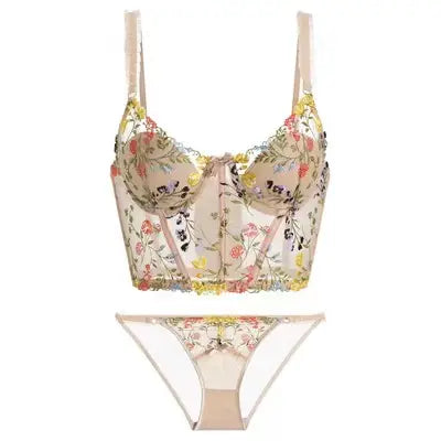 Transparent Embroidered Floral Sling Bra Non-Rimmed Small