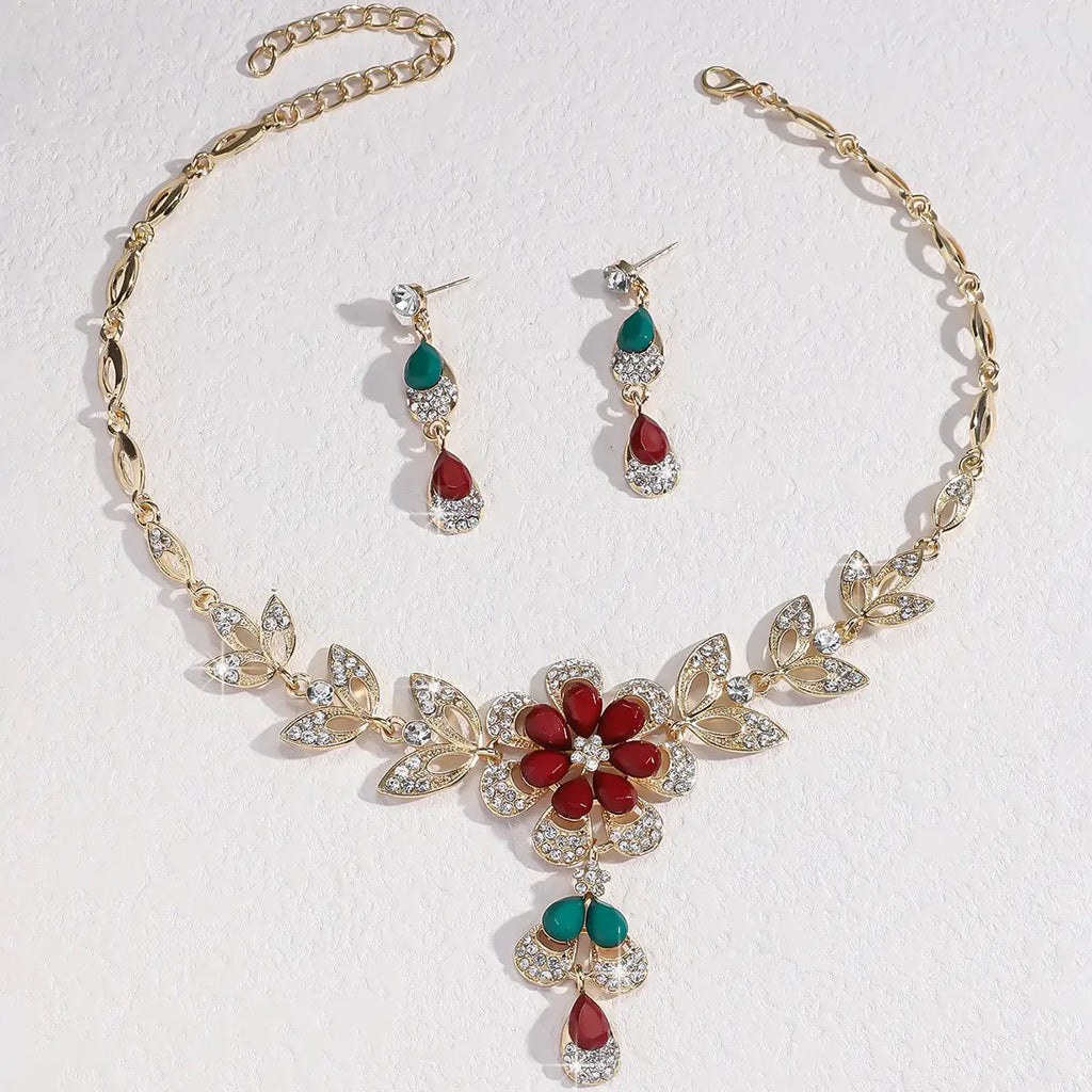 Luxury Green Flower Necklace Earrings Set for Women