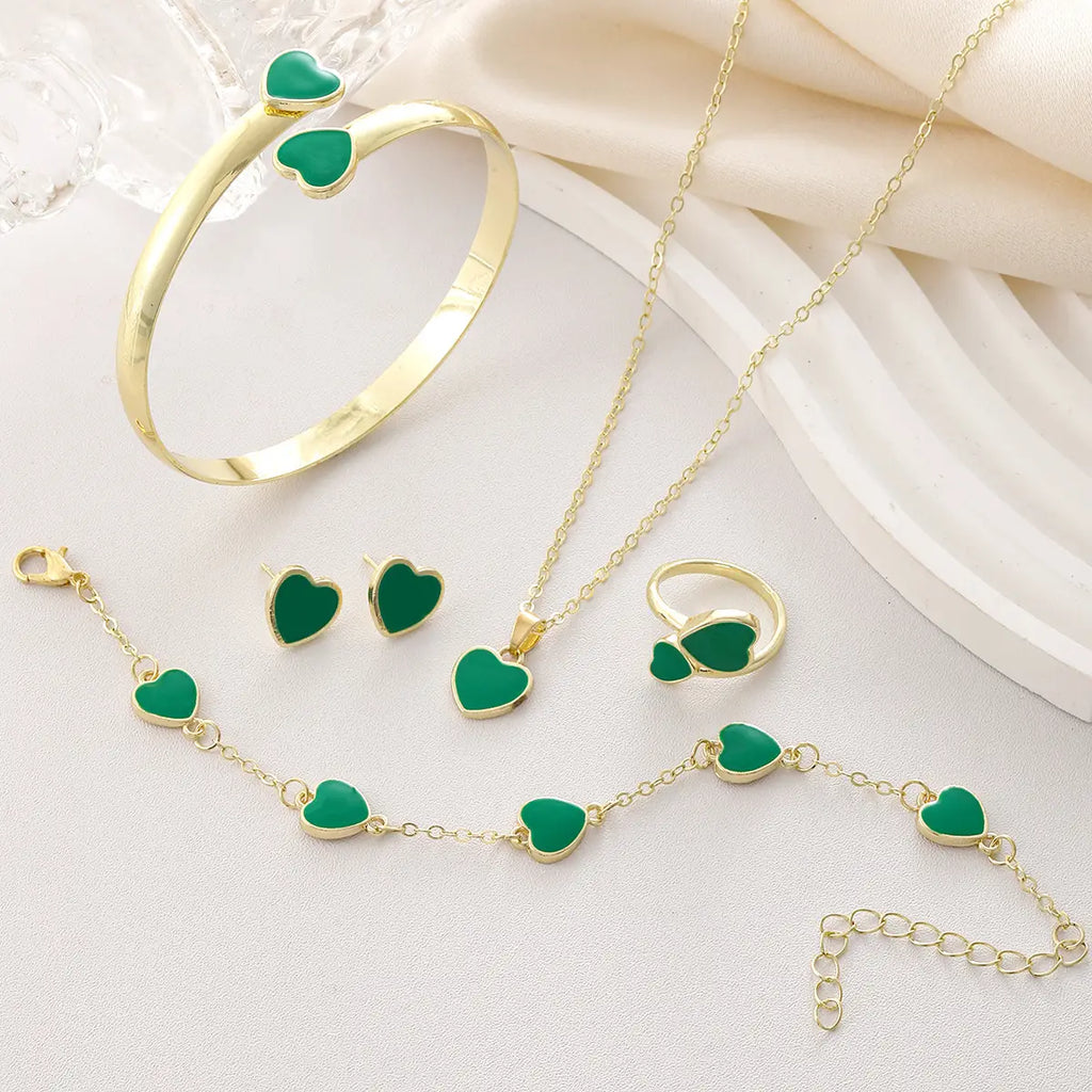Red Heart Bracelet Earrings Necklace Set Gold Plated