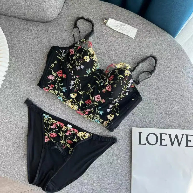 Transparent Embroidered Floral Sling Bra Non-Rimmed Small