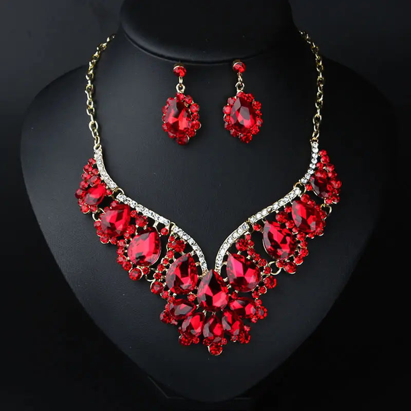 European & American Flash Crystal Gem Necklace Earrings Set