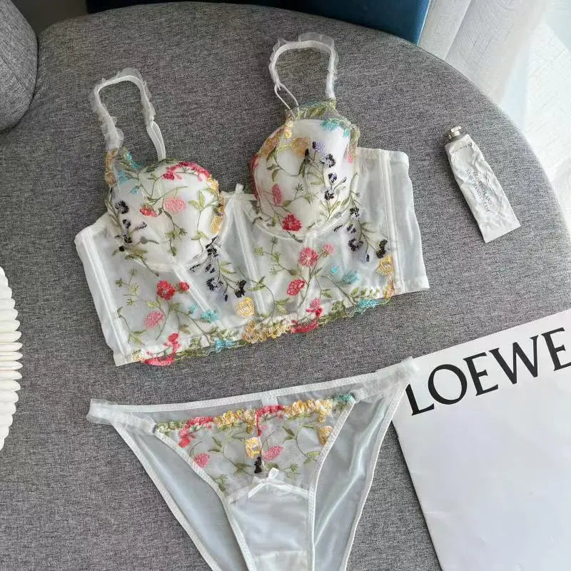 Transparent Embroidered Floral Sling Bra Non-Rimmed Small