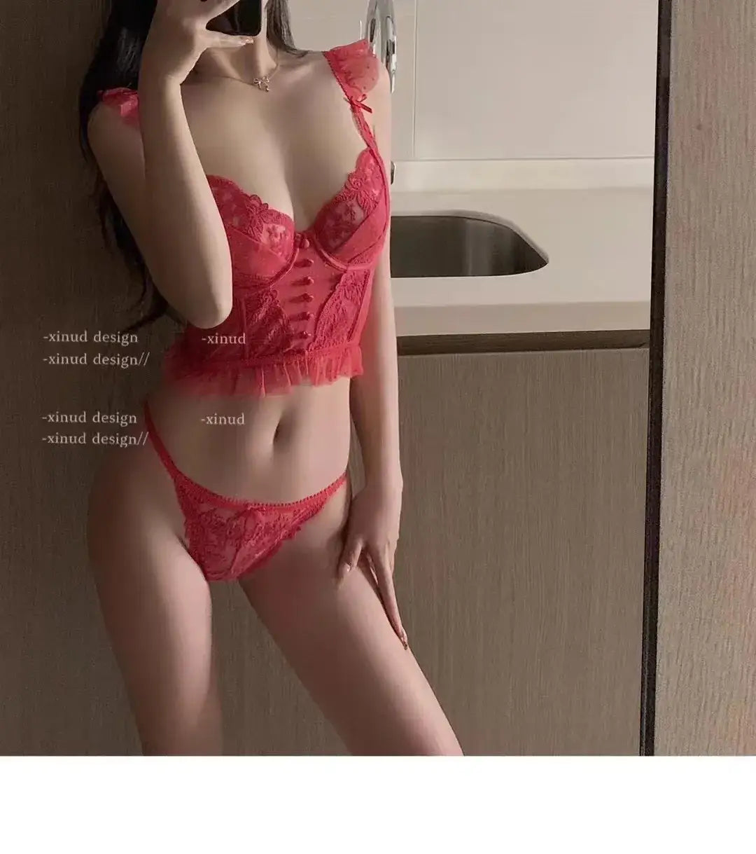 Black Lace Underwear Set for Women Big Chest Small