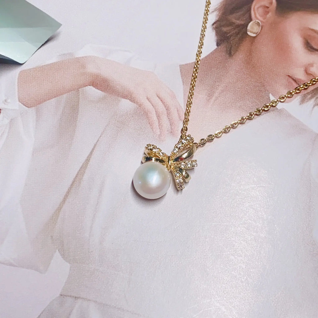 Women's Pearl Pendant Necklace with Balance Wood & Copper Bag