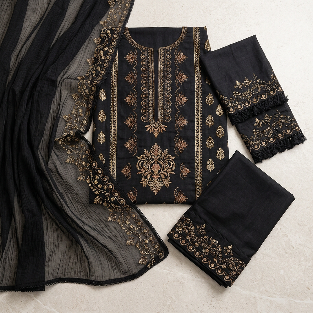 Black Embroidered 3-Piece Women's Lawn Suit with Bamber Dupatta