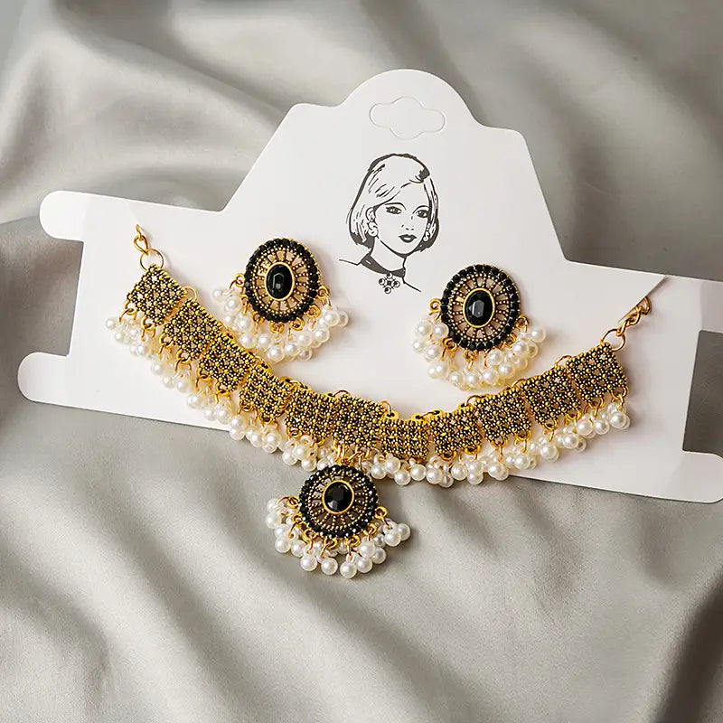 Pearl Sequins Earrings Set Gold Vintage Necklace Earrings