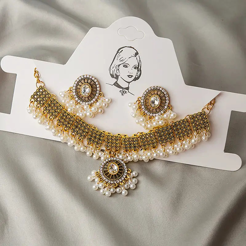 Pearl Sequins Earrings Set Gold Vintage Necklace Earrings