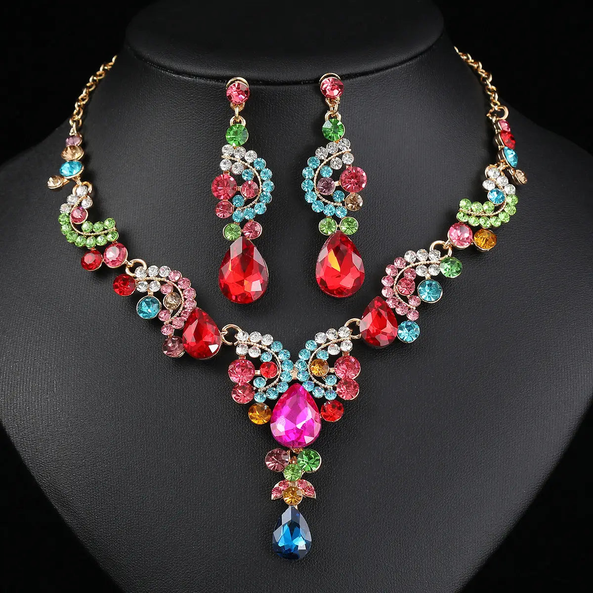 Red Multi-Color Bridal Earrings Necklace Set